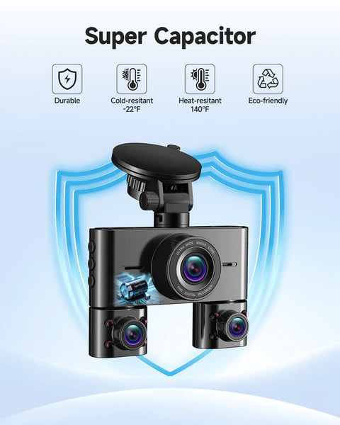 360 Degree Dash Cam For Cars With Front Interior And Rear 4 Channel FHD 1080P Quad Camera showcasing super capacitor features