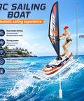 Mini Remote Control Boat With 2.4GHz RC Windsurfer Surfing Action LED Lights Self Righting Never Flip Design Long Battery Life Waterproof RC Boat For Pools And Lakes RTR Blue Rad For Beginners And Pros, shown in realistic sailing action with measurement details.