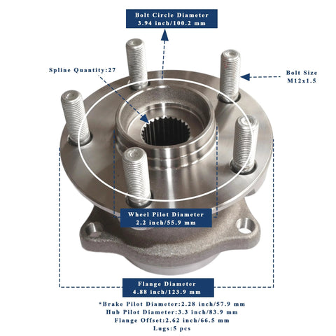 Image of Rear Wheel Bearing Hub Assembly With ABS For Subarus And More, 5 Lug, showing detailed dimensions and specifications.