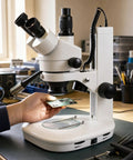 Trinocular Stereo Zoom Microscope 3.5X To 90X With Dual LED Illumination And 45 Degree Inclined Head, 360 Degree Rotating Ocular Tubes, Diopter Adjustment For Both Tubes, Long Life Cool LED Lighting With Adjustable Intensity. used for PCB inspection