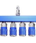 Four Way Air Manifold One Quarter Inch Air Hose Splitter Industrial Quick Connect Fitting With Four Couplers Plug Blue Aluminum Sleeve and Steel Body Nickel Plated Connectors For Heavy Duty Use