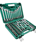 Grease Monkey Approved 61 Piece Socket Wrench Set Featuring Chrome Vanadium Steel Ratchet Tool Kit For Tight Spaces, green case open with tools visible.