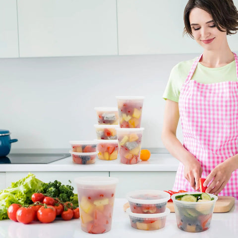 Woman using Bulk 48 Set Deli Containers With Lids 8oz 16oz 32oz Plastic Food Storage Containers Leakproof BPA Free for meal prep