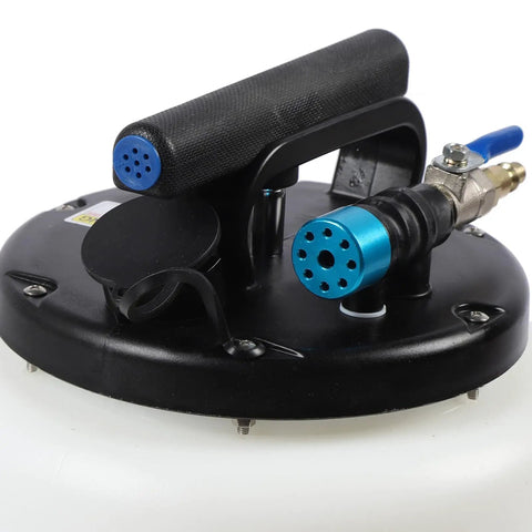 Top view of Must-Have 15L Oil Extractor Pump For Quick Auto Fluid Changes! Featuring a black base and blue pneumatic connections.