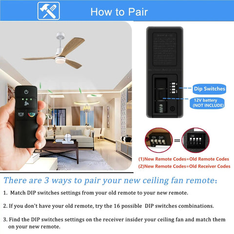 Ceiling Fan Remote Control Replacement With 3 Speed Light Dimmer And Color Changing Modes showing dip switches and pairing guide