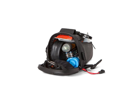 Waterproof Under Saddle Seat Pack For Bike Commuting And Touring, open view showing interior compartments, black recycled ripstop material.
