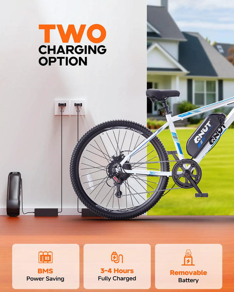 High Power 1000W Electric Mountain Bike for adults charging options showing removable battery and power saving features.