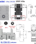 Diagram of Six Pack 110V Electromagnetic Relays Kit With 8-Pin DPDT 2NO 2NC, showcasing dimensions and specifications.