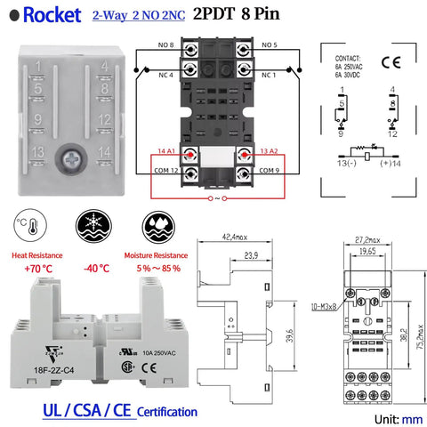 Diagram of Six Pack 110V Electromagnetic Relays Kit With 8-Pin DPDT 2NO 2NC, showcasing dimensions and specifications.