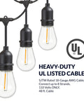 Outdoor LED String Lights With Weatherproof Design, dimmable, UL listed heavy-duty cable close-up, 48 ft, black finish