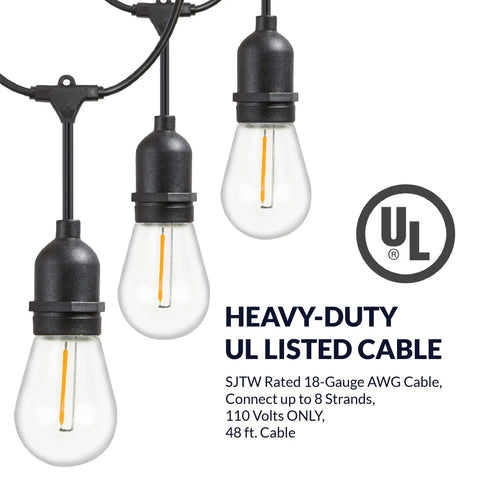Outdoor LED String Lights With Weatherproof Design, dimmable, UL listed heavy-duty cable close-up, 48 ft, black finish