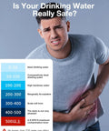 Man holding stomach with water safety chart. Digital TDS Meter Water Tester For Home Well And Tap Water Quality 0 To 9990 PPM Fast.