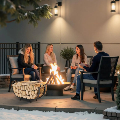 People sitting by a fire pit with 24 Inch Indoor Firewood Rack With Carrier, Thickened Metal Rustproof Wood Storage Rack nearby.
