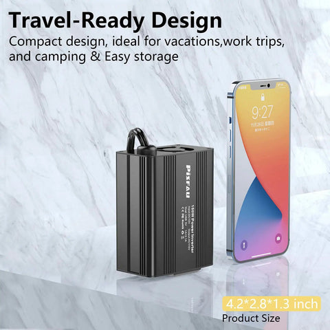 Road Life Ready 150W Car Power Inverter Converts 12V DC To 110V AC With Quick Charge Ports shown beside a smartphone for size comparison.