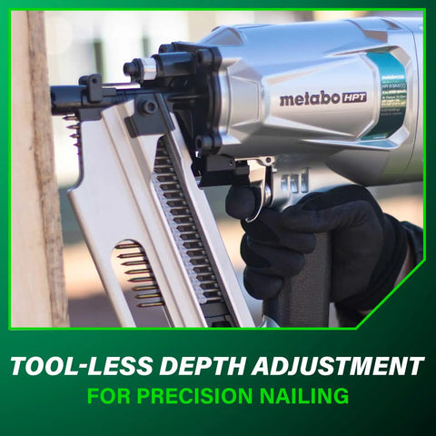 Top Shelf Pneumatic Framing Nailer With Smooth Operator Depth Tweaks And Heavy Duty Aluminum Magazine For Snag Free Shooting Of 21 Degree Collated Nails Up To 3 1/4 Inches Long Built Sick Tough, showing tool-less depth adjustment feature.