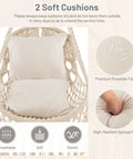 Macrame Swing Chair For Indoor Outdoor Living, Heavy Duty Hanging Porch Swing With Soft Cushions, Cotton Rope And Hardware Kits, Supports Up To 330 Lbs, Oval Hammock Style Chair For Patio Balcony Beige. Image showing two soft cushions on swing chair.