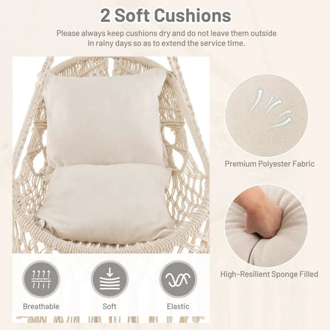 Macrame Swing Chair For Indoor Outdoor Living, Heavy Duty Hanging Porch Swing With Soft Cushions, Cotton Rope And Hardware Kits, Supports Up To 330 Lbs, Oval Hammock Style Chair For Patio Balcony Beige. Image showing two soft cushions on swing chair.
