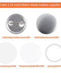 500 Sets Blank Metal Button Making Supplies Badge Parts 32 Mm Round Badge Kit showing metal top and bottom covers, clear films, and paper designs.