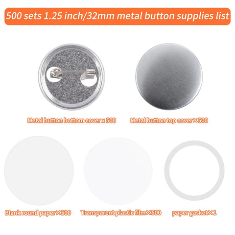 500 Sets Blank Metal Button Making Supplies Badge Parts 32 Mm Round Badge Kit showing metal top and bottom covers, clear films, and paper designs.