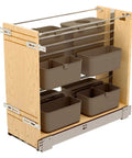 Wood Base Cabinet Pullout Organizer With Soft Close Modular Utensil Bin Knife Bin And Spice Bins Includes Wire Frame Blum Soft Close Slides And Washable Bins For A Sweet Easy Access Kitchen Setup, side view showing wood frame and bins.
