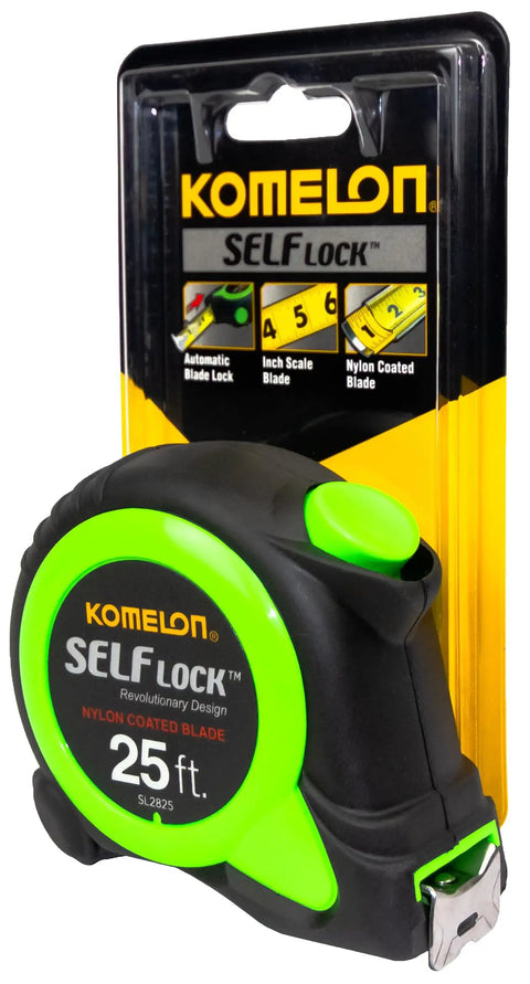Self Locking 25 Foot Power Tape Measure with Nylon Coated Blade, Impact Resistant ABS Case in packaging