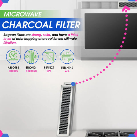 Microwave Charcoal Filter 11.02 x 2.52 Inches For Over-The-Range Hood Vent Replacement, shown near kitchen setup.