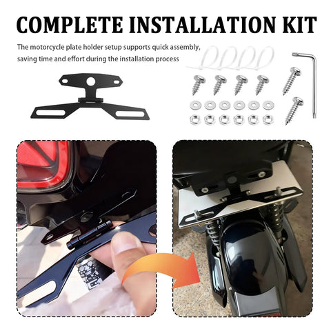 Adjustable Motorcycle License Plate Bracket Kit With Screws All In One License Plate Holder For License Plates And Tail Lights Universal Motorcycle Mount installation kit with components