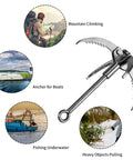 Stainless Steel 4 Claw Grappling Hook with Carabiner and 65ft nylon rope; used for mountain climbing, boat anchoring, fishing.