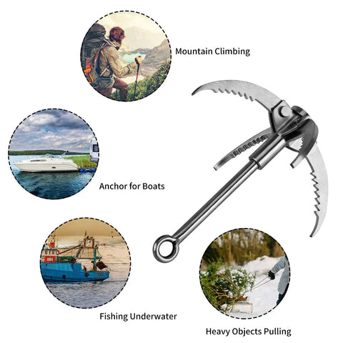 Stainless Steel 4 Claw Grappling Hook with Carabiner and 65ft nylon rope; used for mountain climbing, boat anchoring, fishing.