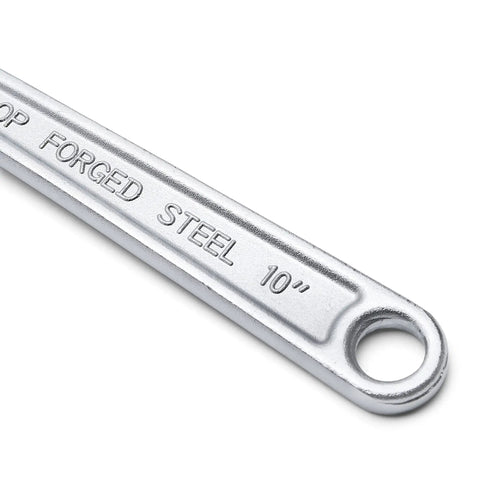 Close-up of 10 inch drop forged steel part from 4 Piece Chrome Plated Adjustable Wrench Set With Inch And Metric Scale For Auto Repair, Plumbing, And General Maintenance Includes 6, 8, 10, 12 Inch Wrenches