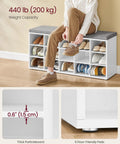 Storage Shoe Bench With Padded Seat And Fifteen Compartments For Entryway Or Bedroom, Cloud White And Dove Gray shown with shoes