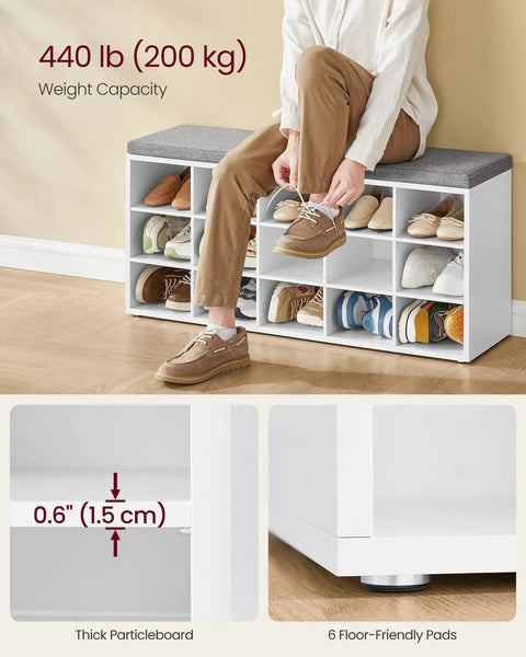 Storage Shoe Bench With Padded Seat And Fifteen Compartments For Entryway Or Bedroom, Cloud White And Dove Gray shown with shoes