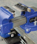 4 Inch Vise Mount Press Brake Bender Attachment installed on a 6-inch bench vise for sheet metal bending, workbench setting