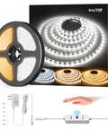 Hand Wave Activated 20ft Tunable White LED Strip Light With 672 LEDs Dimmable 3000K 6500K 24V Under Cabinet Kitchen Bedroom Mirror Lighting Easy Touchless Control displayed with box, hand sensor, and accessories.