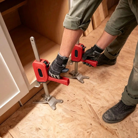 Heavy Duty Arm Jack 2 Pack, Zero Sweat Furniture Lifter, 330 Lbs Hand Lift Tool in use for cabinet positioning.