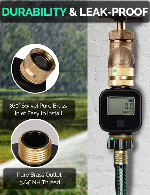 Water Flow Meter With Brass Inlet And Outlet, Heavy Duty Metal Threaded Connections, shown with digital display and garden hose.