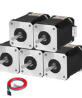 Five NEMA 17 stepper motors, black housings with silver faceplates, cables included