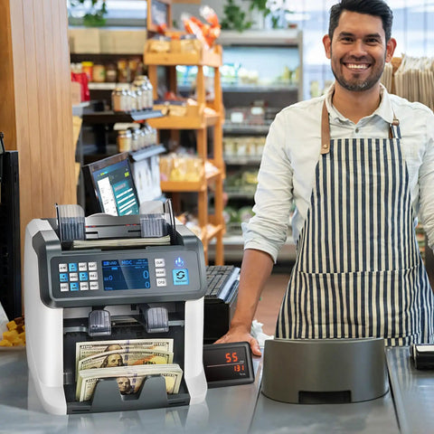 Man in apron with Multi Currency Money Counter With Counterfeit Detection And Sorter, Printer Enabled, in a store setting
