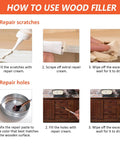 Easy Peasy Wood Furniture Repair Kit With 18 Solid Touch Up Colors Includes Heavy Duty Wood Filler Putty And Wax For Laminate Floors showing steps for applying wood filler.