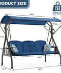 800LBS Capacity Patio Swing With Canopy, 3 Seat Outdoor Porch Swing On Stand, Cup Holder And Pillow, shown with dimensions