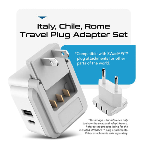 US To Italy Travel Plug Adapter Set With 2 Outlets, USB C 20W PD And QC 18W Fast Charge, Type C And L Attachments shown in package.
