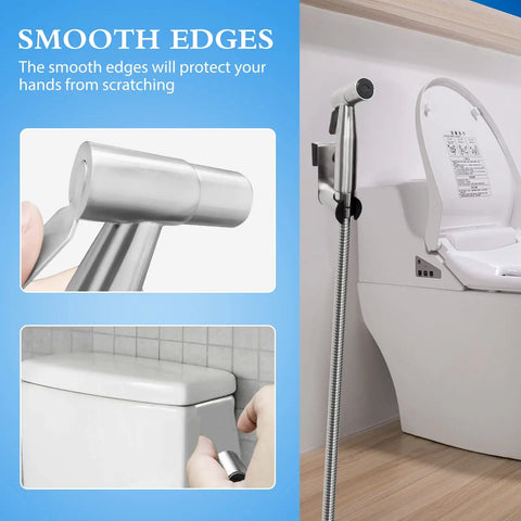 Handheld Bidet Sprayer For Toilet With Adjustable Water Pressure Stainless Steel Hose Attachment next to a toilet showing smooth edges.