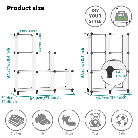 Diagram of Six Cube Storage Organizer Bookcase And Display Shelf With Wooden Mallet for home office, showing dimensions and features.