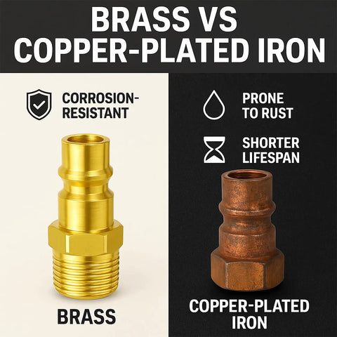 Comparison of brass vs copper-plated iron fittings for Heavy Duty One Quarter Inch Air Hose Fittings Kit with Storage Case 36 Piece Set.