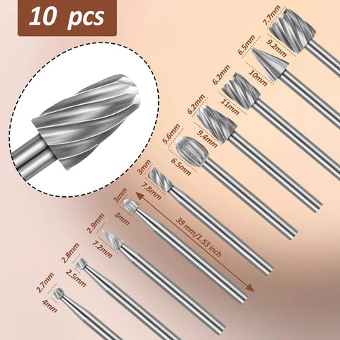 10 HSS carbide rotary burr bits from 20 Piece Handy Wood Carving Tools Set With HSS Engraving Drill Accessories And HSS Carbide Rotary Burr Bits In 10 Shapes For Fast Wood Removal, Universal Fit For Rotary Tools And DIY Crafts