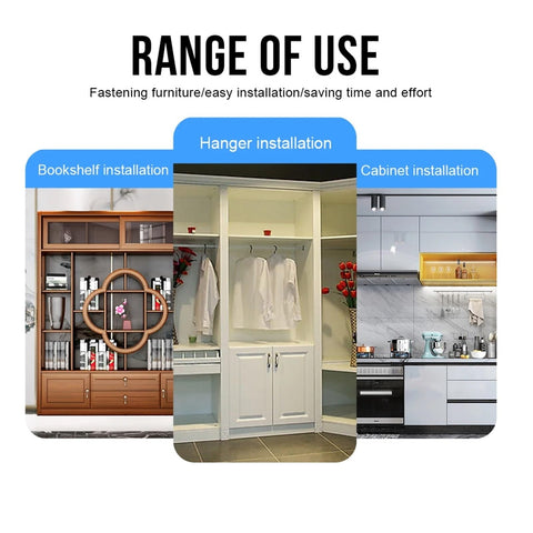 Image showing range of use for 3 In 1 Furniture Connecting Kit With 108 Piece Box Eccentric Wheels And Cam Lock Screws For Cabinets And Desks.