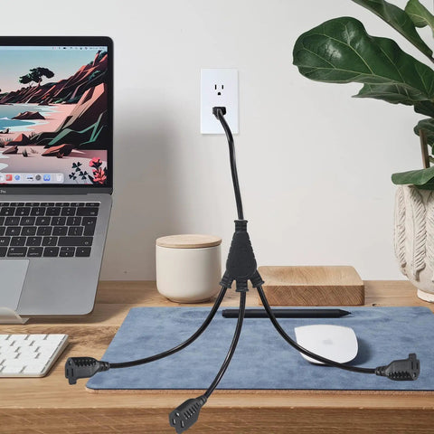 3 Way Power Splitter Extension Cord With Y Style 3 Outlets 1 Foot SVT 18 AWG 10 Amp 1250 Watt NEMA 5 15P To 3 NEMA 5 15R Outlets Ideal For Home Office Dorm Room Workshop Countertop displayed on desk