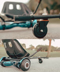 Close-up of blue Seat Attachment Go Kart For Hoverboard Dope Conversion Turns Self Balancing Scooter into stable ride