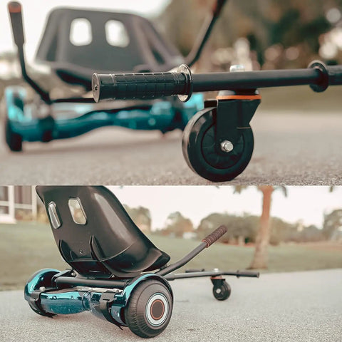 Close-up of blue Seat Attachment Go Kart For Hoverboard Dope Conversion Turns Self Balancing Scooter into stable ride