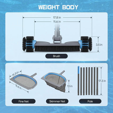 Dimensions of 4 in 1 Deluxe Pool Cleaning Kit with detachable brush, skimmer net, fine mesh net, and extendable aluminum pole for pools.